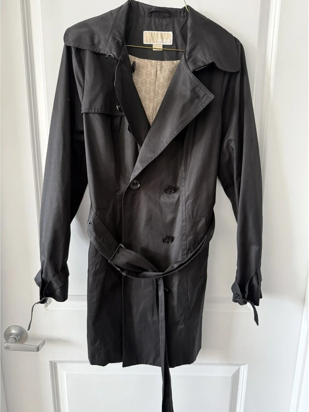 Michael Kors Black Cotton & Polyester Sz Small Trench Coat Button Down With Belt